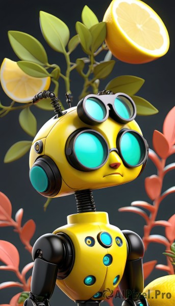 solo,blue eyes,closed mouth,standing,full body,flower,food,grey background,no humans,fruit,leaf,robot,goggles,mecha,joints,robot joints,orange (fruit),lemon,humanoid robot,non-humanoid robot,1boy,upper body,male focus,plant,goggles on head,branch