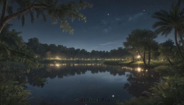 outdoors,sky,cloud,water,tree,no humans,night,grass,plant,star (sky),nature,night sky,scenery,forest,starry sky,reflection,palm tree,river,lake,signature,fireflies,reflective water