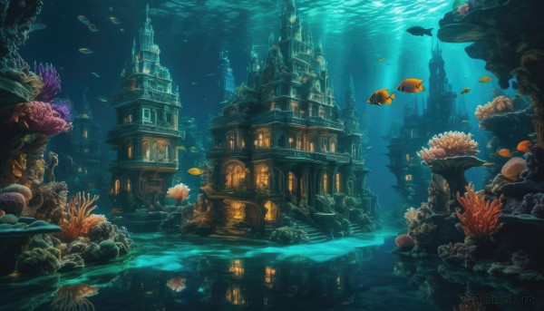 outdoors,water,no humans,ocean,animal,sunlight,building,scenery,fish,bubble,light rays,city,underwater,fantasy,air bubble,watercraft,architecture,sunbeam,ruins,castle,arch,turtle,coral,jellyfish