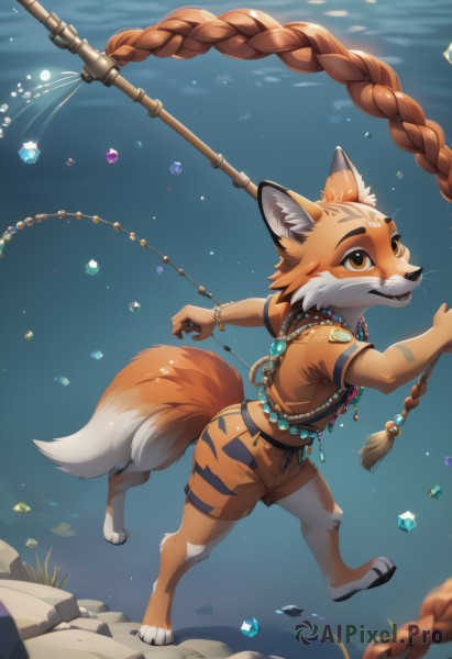 solo,smile,1boy,animal ears,brown eyes,jewelry,tail,full body,braid,short sleeves,male focus,shorts,teeth,artist name,necklace,bracelet,orange eyes,fox ears,no humans,fox tail,facial mark,multiple tails,gem,rope,furry,bubble,beads,rock,underwater,furry male,bead necklace,animal nose,fox,snout,orange fur,1girl,long hair,brown hair,shirt,navel,very long hair,weapon,midriff,water,orange hair,animal ear fluff,single braid,animal,polearm,fox girl,spear,braided ponytail,holding polearm,tribal