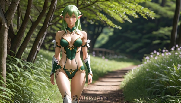 1girl,solo,long hair,breasts,looking at viewer,thighhighs,navel,cleavage,hair between eyes,bare shoulders,medium breasts,green eyes,standing,flower,outdoors,green hair,pointy ears,midriff,tree,lips,thigh gap,grass,elf,nature,forest,realistic,arms at sides,bikini armor,smile,hair ornament,underwear,panties,parted lips,day,artist name,signature,hair flower,armor,blurry,white thighhighs,detached collar,armlet