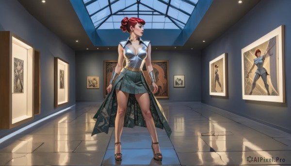 1girl,solo,breasts,short hair,skirt,hair ornament,dress,cleavage,jewelry,medium breasts,closed mouth,standing,full body,weapon,flower,red hair,earrings,indoors,hair flower,hair bun,nail polish,armor,high heels,lips,looking to the side,window,makeup,shadow,sandals,single hair bun,lipstick,green skirt,reflection,door,vambraces,tiles,red lips,tile floor,picture frame,painting (object),reflective floor,shoes,sword,toes,toenails,realistic,toenail polish