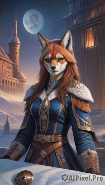 1girl,solo,long hair,breasts,looking at viewer,smile,brown hair,gloves,long sleeves,animal ears,brown eyes,jewelry,medium breasts,standing,tail,outdoors,sky,belt,artist name,signature,armor,coat,orange eyes,fur trim,fox ears,night,fox tail,moon,fox girl,shoulder armor,building,star (sky),night sky,furry,snow,full moon,starry sky,pauldrons,fantasy,furry female,brown belt,body fur,white fur,planet,animal nose,snout,brown fur,orange hair,table,castle