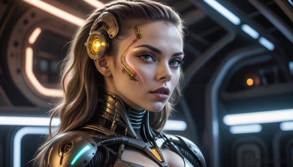 HQ,1girl,solo,long hair,looking at viewer,blue eyes,brown hair,brown eyes,jewelry,upper body,earrings,blurry,lips,bodysuit,makeup,blurry background,headgear,lipstick,portrait,science fiction,realistic,nose,cyborg,cyberpunk,parted lips,from side,eyelashes,facial mark,close-up,forehead,backlighting,stud earrings,cable,hair pulled back