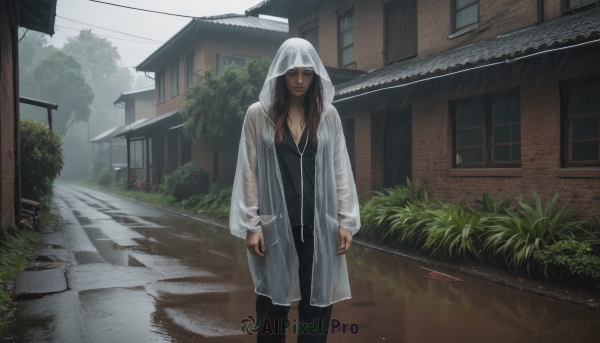 1girl,solo,long hair,breasts,looking at viewer,brown hair,shirt,long sleeves,brown eyes,closed mouth,standing,jacket,outdoors,open clothes,day,pants,dark skin,hood,dark-skinned female,tree,see-through,black shirt,hoodie,black pants,plant,building,scenery,hooded jacket,hood up,rain,stairs,realistic,road,bush,cable,architecture,house,earphones,power lines,street,earbuds,raincoat,black hair,cleavage,jewelry,medium breasts,closed eyes,lips,window,ring,grass