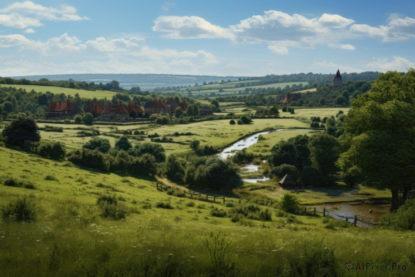 outdoors,sky,day,cloud,water,tree,blue sky,no humans,cloudy sky,grass,building,nature,scenery,forest,mountain,fence,horizon,road,field,house,bridge,river,landscape,lake,path,hill,ocean,bush