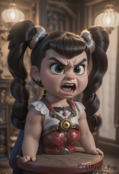 1girl,solo,long hair,open mouth,brown hair,black hair,hair ornament,dress,twintails,jewelry,green eyes,upper body,earrings,teeth,sleeveless,indoors,blurry,v-shaped eyebrows,sleeveless dress,blurry background,chair,drill hair,red dress,table,child,twin drills,angry,female child,stud earrings,looking at viewer,artist name,cape,twin braids,fangs,tray,freckles