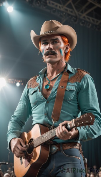 1girl,solo,looking at viewer,short hair,blue eyes,shirt,long sleeves,1boy,hat,holding,jewelry,standing,weapon,male focus,cowboy shot,earrings,solo focus,collared shirt,belt,pants,necklace,orange hair,lips,tattoo,facial hair,ring,blue shirt,denim,instrument,beard,buckle,pendant,pocket,jeans,belt buckle,realistic,nose,mustache,music,brown headwear,unbuttoned,blue pants,guitar,holster,facepaint,leather,partially unbuttoned,playing instrument,electric guitar,cowboy hat,crowd,stage,spotlight,stage lights,plectrum,concert,brown hair,manly,fat,denim jacket,audience