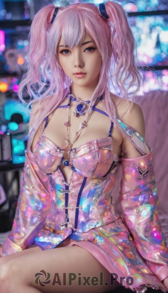 1girl,solo,long hair,breasts,looking at viewer,bangs,large breasts,dress,cleavage,bare shoulders,twintails,jewelry,medium breasts,sitting,underwear,purple eyes,pink hair,parted lips,detached sleeves,necklace,blurry,two side up,lips,blurry background,realistic,thighs,artist name,watermark,short dress,gem