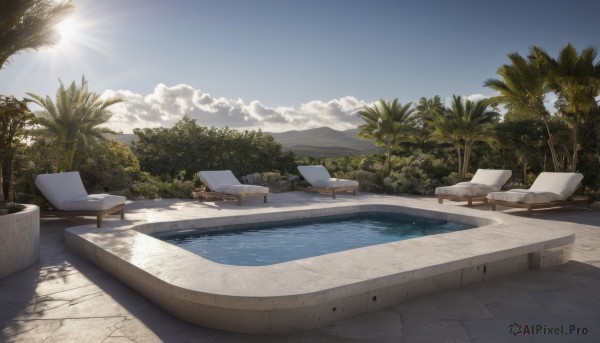 outdoors,sky,day,cloud,water,tree,blue sky,no humans,shadow,ocean,chair,table,sunlight,plant,scenery,mountain,palm tree,sun,pool,bench,shade,boat,lounge chair,pier,cloudy sky,nature,forest,computer,watercraft,laptop