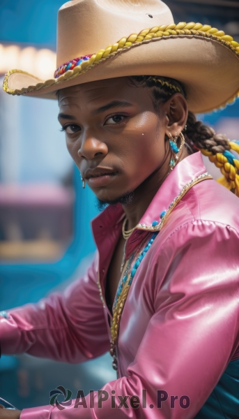 1girl,solo,long hair,looking at viewer,brown hair,shirt,black hair,long sleeves,1boy,hat,brown eyes,jewelry,closed mouth,jacket,upper body,braid,male focus,earrings,dark skin,necklace,blurry,black eyes,dark-skinned female,lips,blurry background,dark-skinned male,freckles,pink shirt,hoop earrings,realistic,nose,brown headwear,pink jacket,cowboy hat,very dark skin,gold chain,dreadlocks,blonde hair,shiny,from side,facial hair,piercing,ear piercing,beard,mustache,mole above mouth,multiple braids