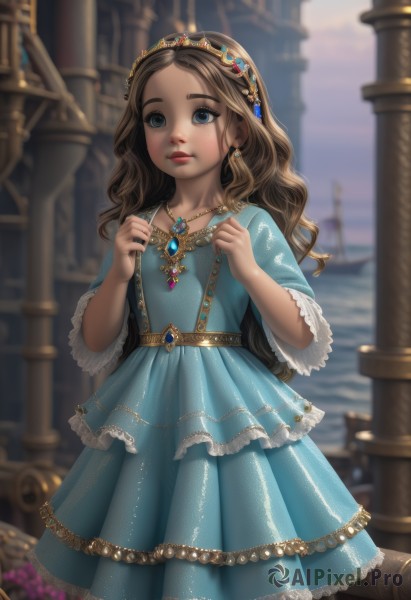 1girl,solo,long hair,blue eyes,brown hair,dress,jewelry,standing,hairband,earrings,outdoors,sky,wide sleeves,water,necklace,blurry,lips,depth of field,blurry background,blue dress,watermark,wavy hair,tiara,gem,child,red lips,female child,aqua dress,hair ornament,frills,parted lips,artist name,pendant,curly hair,realistic,watercraft,gold,ship,princess