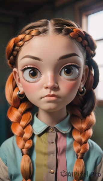 1girl,solo,long hair,looking at viewer,blush,brown hair,shirt,brown eyes,jewelry,closed mouth,upper body,braid,multicolored hair,earrings,collared shirt,artist name,indoors,orange hair,blurry,twin braids,lips,eyelashes,window,depth of field,blurry background,thick eyebrows,child,hair over shoulder,forehead,freckles,hoop earrings,nose,female child,braided bangs,multiple braids,cardigan,blue shirt,realistic