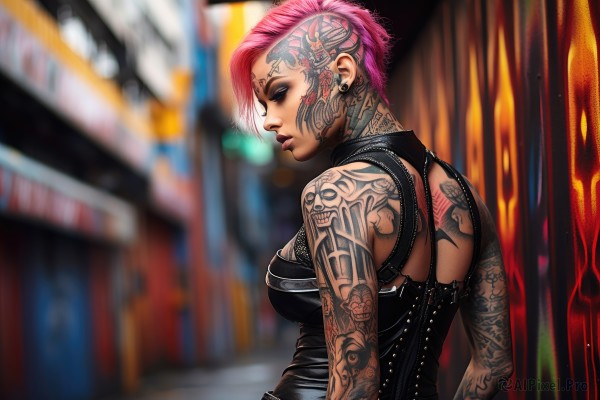 1girl,solo,breasts,short hair,large breasts,bare shoulders,jewelry,medium breasts,closed mouth,upper body,pink hair,earrings,sleeveless,from behind,blurry,from side,lips,tattoo,profile,makeup,depth of field,blurry background,piercing,lipstick,ear piercing,eyeshadow,realistic,nose,eyeliner,arm tattoo,very short hair,shoulder tattoo,undercut,facial tattoo,mascara,neck tattoo,back tattoo,nose piercing,eyebrow piercing