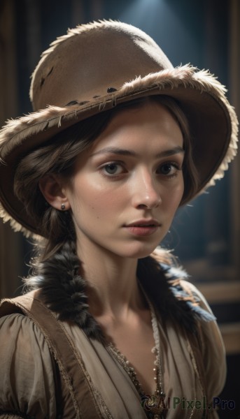 1girl,solo,long hair,looking at viewer,brown hair,hat,brown eyes,jewelry,closed mouth,upper body,earrings,parted lips,artist name,signature,necklace,mole,blurry,black eyes,lips,grey eyes,fur trim,blurry background,freckles,realistic,nose,brown headwear,straw hat,short hair,dress,collarbone,portrait