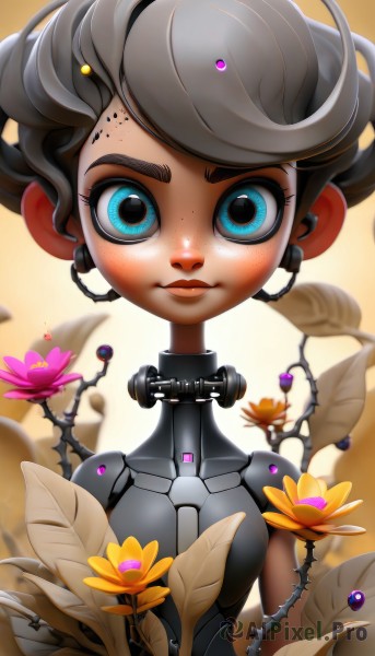 1girl,solo,breasts,looking at viewer,short hair,blue eyes,closed mouth,upper body,flower,grey hair,artist name,lips,eyelashes,makeup,leaf,watermark,thick eyebrows,plant,robot,web address,freckles,yellow flower,nose,android,joints,cable,straight-on,cyborg,robot joints,brown hair,jewelry,earrings