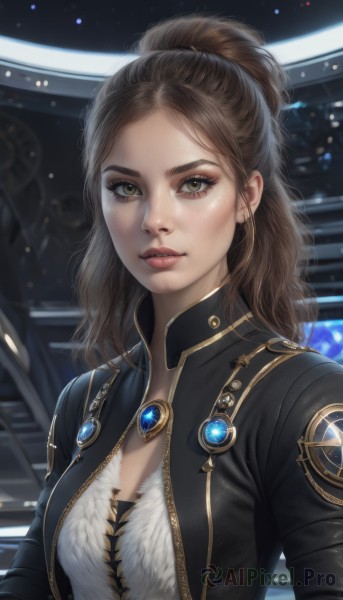 1girl,solo,long hair,breasts,looking at viewer,brown hair,cleavage,brown eyes,jewelry,medium breasts,jacket,upper body,ponytail,parted lips,open clothes,open jacket,lips,black jacket,eyelashes,brooch,freckles,realistic,nose,makeup,forehead