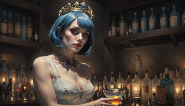 1girl,solo,breasts,looking at viewer,blush,short hair,bangs,blue eyes,dress,holding,cleavage,bare shoulders,jewelry,medium breasts,blue hair,collarbone,upper body,earrings,parted lips,sleeveless,indoors,necklace,white dress,cup,lips,makeup,ring,bottle,tiara,crown,lipstick,gem,holding cup,alcohol,drinking glass,realistic,nose,red lips,candle,wine glass,wine,wine bottle,bar (place),cocktail glass