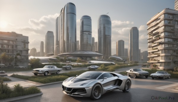 outdoors,sky,day,cloud,tree,no humans,grass,ground vehicle,building,scenery,motor vehicle,city,car,road,cityscape,vehicle focus,lamppost,street,skyscraper,sports car,blue sky,bush,real world location