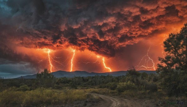 outdoors,sky,cloud,tree,no humans,cloudy sky,grass,nature,scenery,forest,sunset,mountain,electricity,road,lightning,landscape,red sky,water,ocean,horizon,river