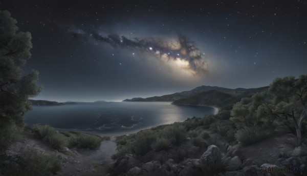 outdoors,sky,cloud,water,tree,no humans,night,ocean,grass,fire,star (sky),nature,night sky,scenery,forest,smoke,starry sky,rock,mountain,river,landscape,lake,star (symbol),horizon,shore,milky way