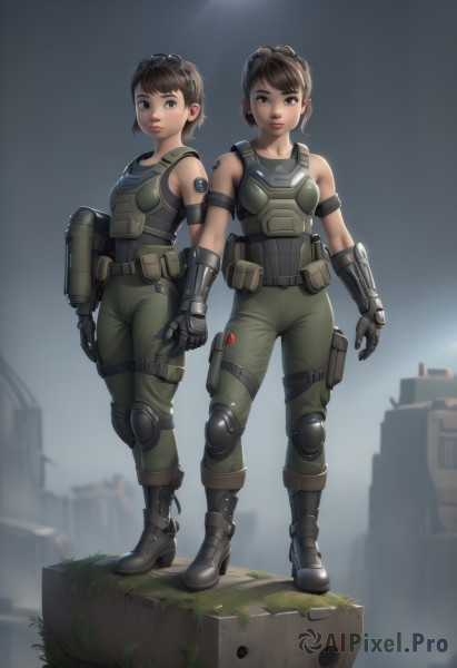 breasts,looking at viewer,smile,short hair,bangs,multiple girls,brown hair,black hair,gloves,2girls,bare shoulders,brown eyes,closed mouth,standing,full body,weapon,small breasts,boots,outdoors,sleeveless,black gloves,belt,pants,armor,lips,gun,military,tattoo,goggles,headset,goggles on head,pouch,realistic,knee pads,elbow pads,science fiction