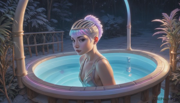 1girl,solo,breasts,looking at viewer,smile,short hair,cleavage,bare shoulders,brown eyes,jewelry,medium breasts,closed mouth,swimsuit,upper body,purple hair,bikini,earrings,small breasts,dark skin,water,hair bun,dark-skinned female,tree,lips,makeup,night,headband,plant,star (sky),partially submerged,reflection,nose,pool,outdoors,sky