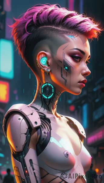 1girl,solo,breasts,short hair,jewelry,nipples,upper body,pink hair,purple hair,multicolored hair,earrings,small breasts,solo focus,dark skin,blurry,covered nipples,from side,two-tone hair,dark-skinned female,lips,see-through,profile,makeup,blurry background,glowing,piercing,robot,lipstick,ear piercing,eyeshadow,science fiction,asymmetrical hair,nose,android,red lips,stud earrings,eyeliner,joints,cable,mechanical arms,undercut,cyborg,hair pulled back,robot joints,mascara,mohawk,cyberpunk,mechanical parts,earpiece,blue eyes,eyelashes,realistic,very short hair