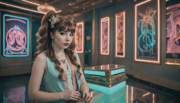 1girl,solo,long hair,breasts,looking at viewer,bangs,brown hair,hair ornament,dress,bow,bare shoulders,twintails,brown eyes,jewelry,collarbone,upper body,hair bow,earrings,sleeveless,indoors,necklace,bracelet,lips,makeup,wavy hair,lipstick,red lips,science fiction,curly hair,realistic