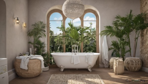 sky,day,cloud,indoors,water,tree,blue sky,no humans,window,plant,towel,scenery,mirror,basket,potted plant,bath,bathroom,bathtub,shower head,sink,faucet,bottle,reflection,palm tree,lamp