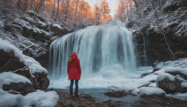 1girl, solo, long hair, blonde hair, standing, boots, outdoors, pants, hood, water, from behind, black footwear, tree, coat, nature, scenery, snow, forest, rock, winter clothes, facing away, wide shot, winter, red coat, hooded coat, waterfall