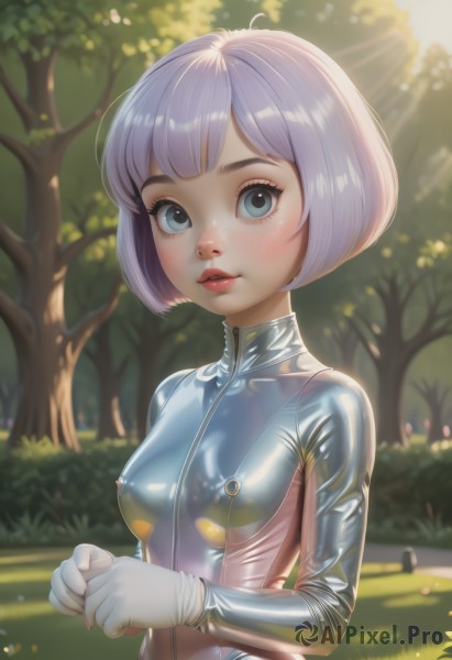 1girl,solo,breasts,looking at viewer,blush,short hair,bangs,blue eyes,gloves,closed mouth,upper body,small breasts,outdoors,parted lips,day,shiny,artist name,white gloves,blurry,shiny hair,covered nipples,tree,lips,see-through,shiny skin,eyelashes,bodysuit,makeup,blurry background,sunlight,bob cut,own hands together,grass,nature,skin tight,forest,zipper,freckles,shiny clothes,light rays,black bodysuit,dappled sunlight,latex,blue bodysuit,latex bodysuit,medium breasts,purple hair,white hair,light purple hair,nose,bush