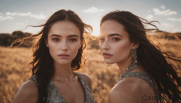 long hair,looking at viewer,multiple girls,brown hair,black hair,dress,2girls,bare shoulders,brown eyes,jewelry,collarbone,upper body,earrings,outdoors,parted lips,sky,sleeveless,day,cloud,mole,blurry,lips,blurry background,siblings,sisters,forehead,freckles,realistic,nose,field,breasts,necklace,expressionless,sunlight,thick eyebrows,cloudy sky,wind,messy hair