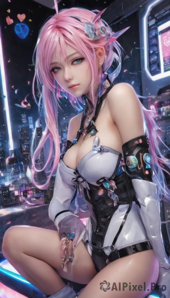 1girl,solo,long hair,breasts,looking at viewer,bangs,blue eyes,large breasts,hair ornament,gloves,cleavage,bare shoulders,jewelry,medium breasts,sitting,pink hair,ahoge,thighs,earrings,detached sleeves,elbow gloves,white gloves,fingerless gloves,leotard,lips,ring,science fiction,white leotard,cityscape,closed mouth,petals,corset,realistic