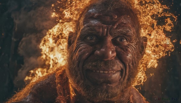 A tranquil view of a male in fiery smoke