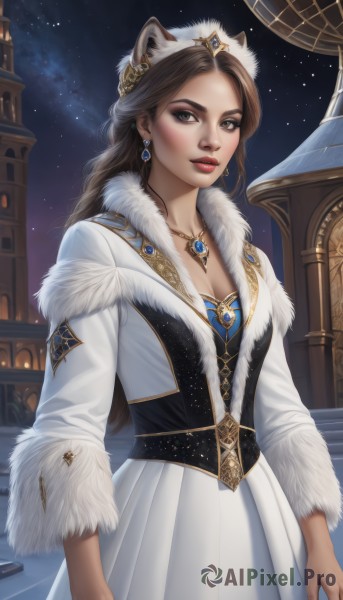 1girl,solo,long hair,breasts,looking at viewer,brown hair,long sleeves,dress,animal ears,cleavage,brown eyes,jewelry,medium breasts,cowboy shot,earrings,outdoors,sky,necklace,white dress,lips,coat,fur trim,makeup,night,tiara,crown,building,gem,star (sky),night sky,pendant,starry sky,gold trim,realistic,nose,white coat,red lips,standing,artist name