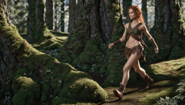 1girl,solo,long hair,breasts,smile,skirt,brown hair,navel,medium breasts,weapon,braid,small breasts,boots,outdoors,pointy ears,midriff,orange hair,blurry,tree,lips,brown footwear,elf,nature,forest,walking,running,realistic,fantasy,bracer,ankle wrap,gloves,red hair,barefoot,sandals,tribal