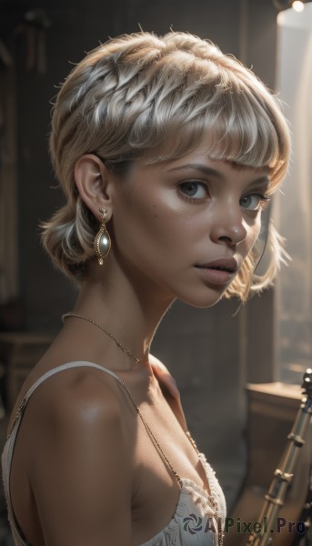 1girl,solo,breasts,looking at viewer,short hair,bangs,blonde hair,dress,cleavage,bare shoulders,jewelry,medium breasts,underwear,upper body,earrings,small breasts,parted lips,artist name,indoors,dark skin,necklace,bra,mole,blurry,from side,dark-skinned female,lips,grey eyes,eyelashes,mole under eye,depth of field,blurry background,instrument,camisole,freckles,white bra,realistic,nose,spaghetti strap,closed mouth