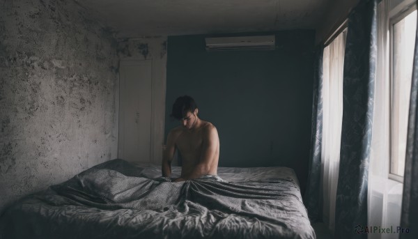 solo,short hair,black hair,1boy,sitting,male focus,nude,indoors,window,bed,bed sheet,facial hair,on bed,back,topless male,door,blanket,naked sheet,pillow,muscular,realistic,very short hair,bedroom,under covers