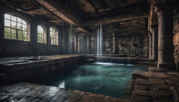 day,indoors,water,no humans,window,sunlight,scenery,stairs,architecture,ruins,bridge,pillar,waterfall,arch,moss,overgrown,column,tree,plant,fantasy