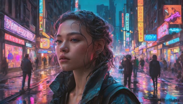 1girl, short hair, blue eyes, black hair, jewelry, jacket, earrings, outdoors, parted lips, solo focus, lips, wet, night, building, freckles, rain, city, realistic, nose, road, neon lights