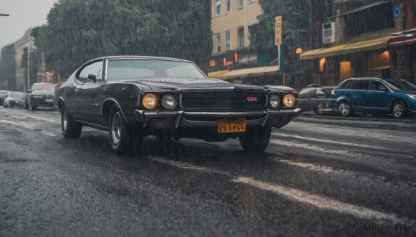 outdoors,artist name,tree,no humans,ground vehicle,building,scenery,motor vehicle,rain,city,sign,logo,car,road,vehicle focus,lamppost,street,road sign,grey sky,traffic light,wheel,sports car,truck,sky