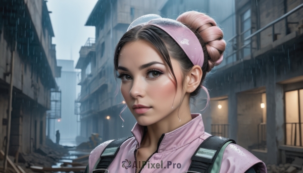 1girl,solo,looking at viewer,brown hair,black hair,brown eyes,closed mouth,upper body,hairband,outdoors,artist name,hair bun,black eyes,lips,wet,single hair bun,backpack,building,portrait,forehead,freckles,rain,city,realistic,nose,wet hair,blush,shirt,sky,solo focus,blurry,night,blurry background,zipper,pink shirt,water drop,pink jacket,zipper pull tab,dirty,dirty face