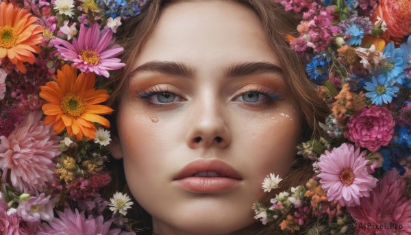 1girl, solo, looking at viewer, brown hair, flower, parted lips, lips, grey eyes, eyelashes, makeup, portrait, close-up, pink flower, blue flower, realistic, purple flower, orange flower