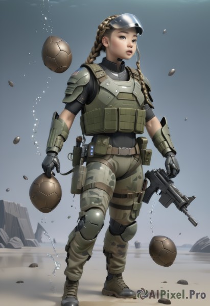 1girl,solo,long hair,brown hair,shirt,gloves,holding,brown eyes,standing,full body,weapon,braid,boots,parted lips,belt,pants,water,holding weapon,armor,uniform,vest,twin braids,lips,gun,military,single braid,military uniform,helmet,goggles,holding gun,rifle,handgun,ball,pouch,realistic,assault rifle,knee pads,camouflage,explosive,elbow pads,grenade,soldier,tactical clothes,load bearing vest,combat boots,bulletproof vest,camouflage pants,body armor,goggles on head,rock,submachine gun