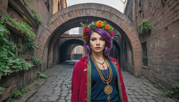 1girl,solo,breasts,looking at viewer,smile,short hair,shirt,hair ornament,brown eyes,jewelry,collarbone,jacket,upper body,purple hair,flower,outdoors,open clothes,day,hair flower,necklace,lips,makeup,rose,blue shirt,plant,building,scenery,pendant,nose,head wreath,brick wall,orange flower,yellow rose,arch,pavement,leaf