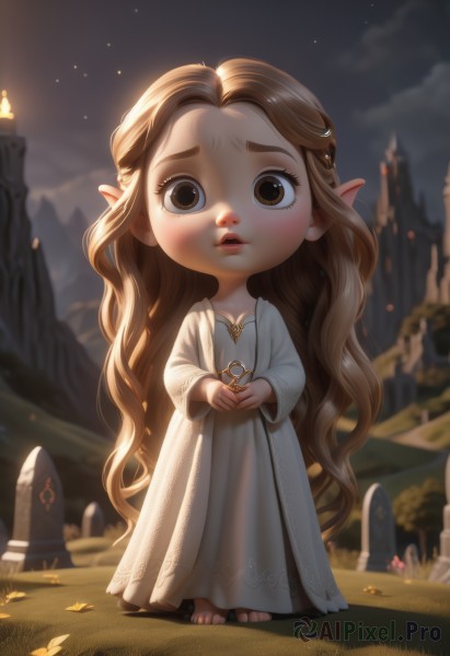 1girl,solo,long hair,looking at viewer,blonde hair,brown hair,long sleeves,dress,brown eyes,jewelry,very long hair,standing,full body,flower,outdoors,parted lips,sky,barefoot,pointy ears,necklace,white dress,blurry,lips,night,blurry background,own hands together,grass,child,night sky,forehead,female child,open mouth,teeth,chibi,wavy hair,faux figurine,cupping hands