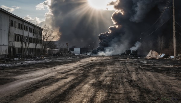 outdoors,sky,day,cloud,tree,military,no humans,sunlight,cloudy sky,fire,ground vehicle,building,scenery,motor vehicle,smoke,light rays,realistic,sun,military vehicle,flag,car,road,ruins,house,tank,power lines,destruction,sign,bare tree,damaged