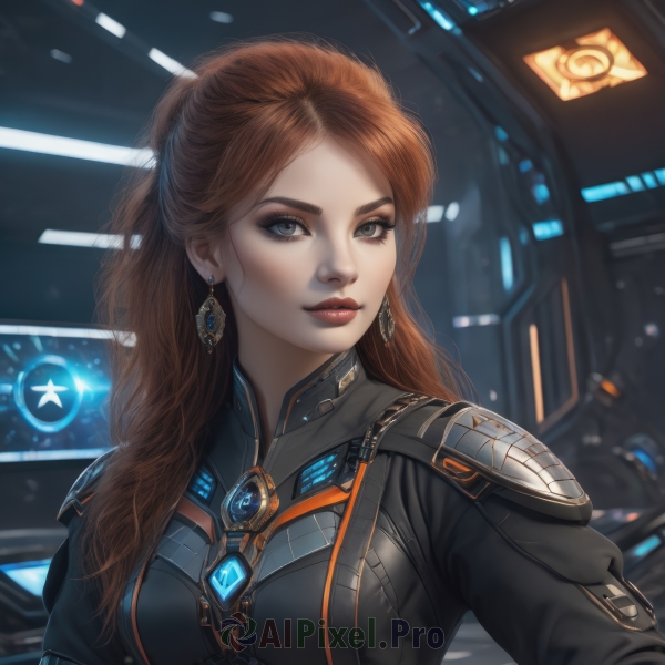 1girl,solo,long hair,breasts,looking at viewer,smile,brown hair,jewelry,medium breasts,upper body,earrings,artist name,indoors,blurry,lips,grey eyes,bodysuit,makeup,lipstick,brooch,gem,eyeshadow,science fiction,realistic,nose,red lips,eyeliner,bangs,blue eyes,closed mouth,armor,eyelashes,power armor