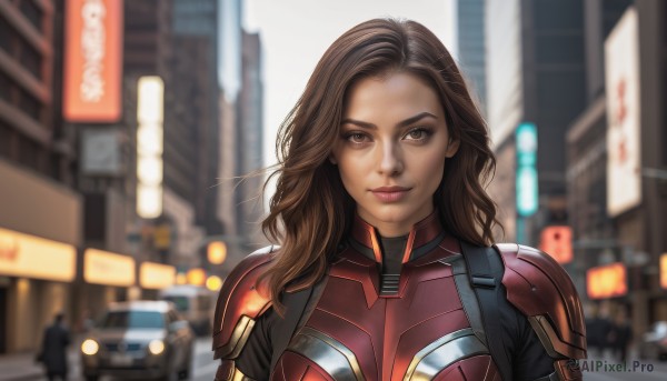 1girl,solo,long hair,looking at viewer,smile,brown hair,brown eyes,closed mouth,upper body,outdoors,solo focus,armor,blurry,lips,bodysuit,depth of field,blurry background,ground vehicle,building,motor vehicle,forehead,science fiction,city,realistic,car,superhero,power armor,makeup,shoulder armor,shoulder pads,cyberpunk,neon lights